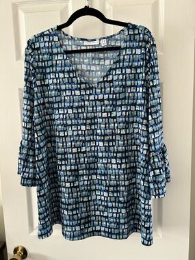 Susan Graver Blue Patterned V-Neck Bell Sleeve Tunic